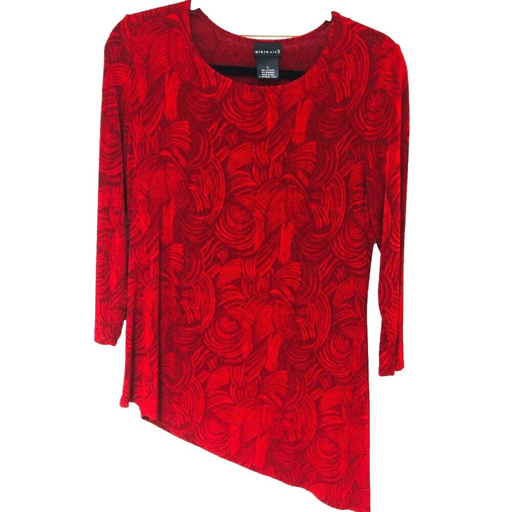Citiknits Red Jacquard Asymmetric Tunic Top Womens M Abstract 3/4 Slv Artsy USA